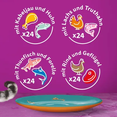 Vier Sorten: mit Kabeljau und Huhn, Lachs und Truthahn, Thunfisch und Forelle, Rind und Geflügel. Jeweils x24 Portionen.