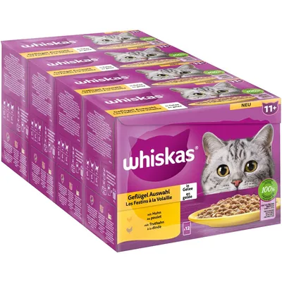 Emballage Whiskas Les Festins à la Volaille 11+, en gelée, au poulet et à la dinde, lot de 12 sachets. Texte visible : 100 % ingrédients sélectionnés de qualité.