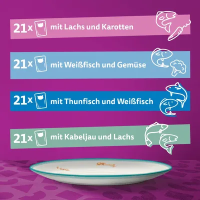 Vier Sorten: 21x mit Lachs und Karotten, 21x mit Weissfisch und Gemüse, 21x mit Thunfisch und Weissfisch, 21x mit Kabeljau und Lachs.