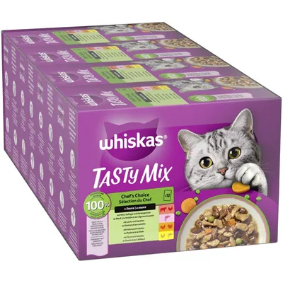 whiskas Tasty Mix Chef's Choice, 100 % uravnotežene sestavine, izbor v omaki z govedino, zelenjavo, lososom, piščancem in polenovko. Embalaža s slikami posameznih vrst.