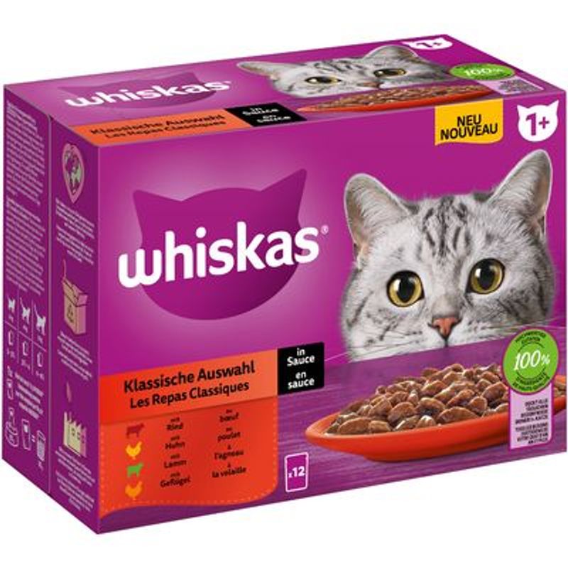 Gemengd Pakket Whiskas 1+ Adult Maaltijdzakjes 12 x 85 g Kattenvoer