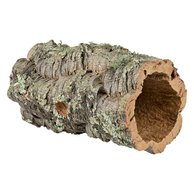Természetes parafa cső durva felülettel és mohával, alkalmas búvóhelynek vagy dekorációnak terráriumokhoz.