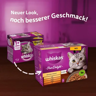 Deux boîtes de sachets pour chat Whiskas visibles, texte allemand : 'Neuer Look, noch besserer Geschmack!', mentions '1+ Jahre', 'Ragout', 'Pure Delight', 'Geflügel Ragout', 'NEU'.