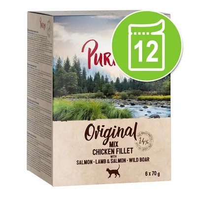 Purizon Original Mix kycklingfilé med lax, lamm och vildsvin. Förpackning med 6 x 70 g. Symbol för 12 portioner synlig.
