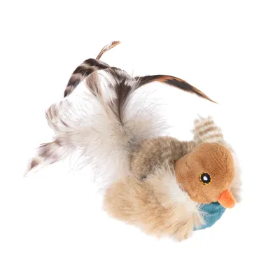 Plüschspielzeug in Vogelform mit braunem Körper, orangefarbenem Schnabel und langen Federn in Weiss und Braun.