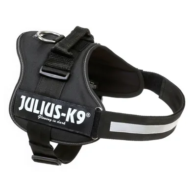 Julius-K9 dog harness, black, with reflective stripes and 'Glowing in dark' inscription.