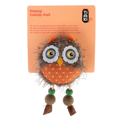 Tiaki Happy Catnip Owl igrača za mačke s mačjo meto, oranžna sova iz pliša in lesenimi perlicami. Besedilo na embalaži v več jezikih.