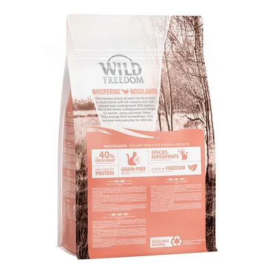 Wild Freedom Whispering Woodlands hrana za mačke, 40 % svežega mesa, brez žit, prilagojena receptura, reciklirni material.