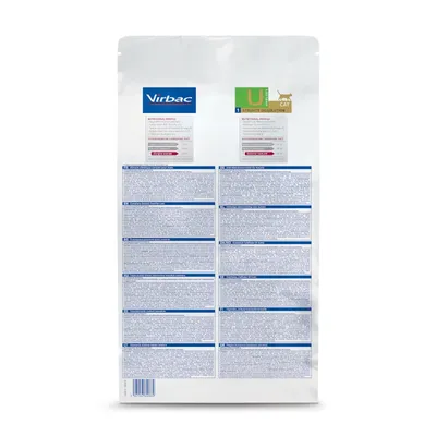 Virbac U Struvite Dissolution Cat, Nährwertprofil: Protein 38%, Fettgehalt 15%, Rohfaser 4,5%. Mehrsprachige Produktinformationen auf der Verpackung.
