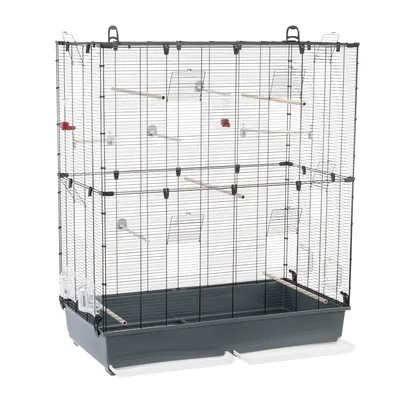 Large wire cage with multiple wooden perches, clear feeding bowls, and a deep plastic base. Several access doors are visible on the front and sides.