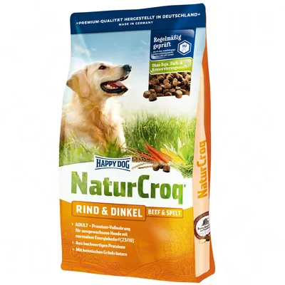 Happy Dog NaturCroq Rind & Dinkel kutyatáp csomagolás, látható szöveg: Ohne Soja, Farb- & Konservierungsstoffe!, Beef & Spelt, ADULT, Aus hochwertigen Proteinen, Mit heimischen Grünkraeutern