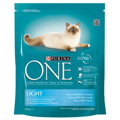 Sachet de 800 g Purina ONE Light pour chat, visible : marque, mention 'Visible Health for Today & Tomorrow', riche en poulet et au blé, gestion du poids, sans colorant ajouté.