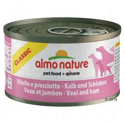 almo nature Classic, pet food + amore, Vitello e prosciutto, Kalb und Schinken, Veau et jambon, Veal and ham, 75 g, 145 g. Widoczne sylwetki psów na etykiecie.