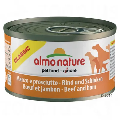 Konzerva almo nature classic, pet food + amore, Manzo e prosciutto, Rind und Schinken, Bœuf et jambon, Beef and ham, 75 g/145 g