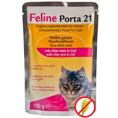 Feline Porta 21 kiegészítő macskaeledel, fehér tonhalhús aloe vera gélben, 100 g, gabonamentes piktogrammal. Csomagoláson többnyelvű leírás látható.