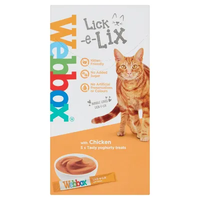 Webbox Lick-e-Lix with chicken, 5 yoghurty treats. Kitten friendly, no added sugar, no artificial preservatives or colours.