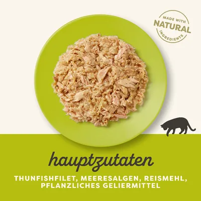 Thunfishfilet, Meeresalgen, Reismehl, pflanzliches Geliermittel. Made with natural ingredients. Texte en allemand et anglais.