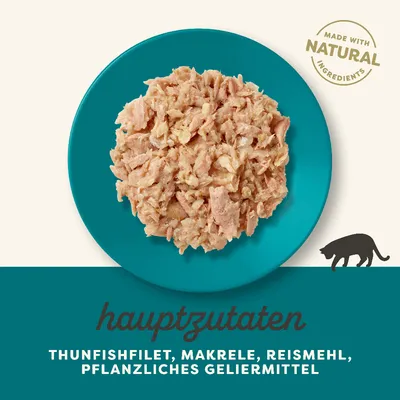Hauptzutaten: Thunfischfilet, Makrele, Reismehl, pflanzliches Geliermittel. Made with natural ingredients.