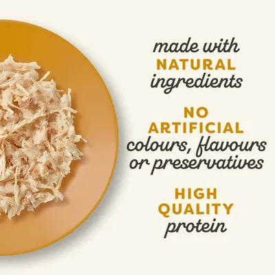 Shredded food on a plate with text: made with natural ingredients, no artificial colours, flavours or preservatives, high quality protein.
