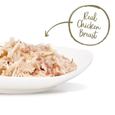Lautasella revittyä kananrintaa. Kuvassa teksti: Real Chicken Breast.