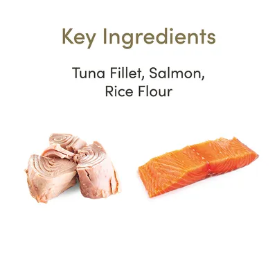Teksti englanniksi: Key Ingredients. Tuna Fillet, Salmon, Rice Flour. Kuvassa tonnikalafileetä ja lohifileetä viipaleina valkoisella taustalla.