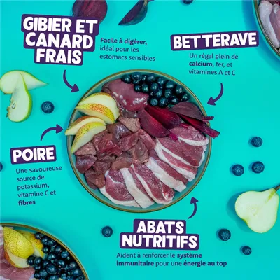 Ingrédients frais : gibier et canard, facile à digérer pour les estomacs sensibles. Poire riche en potassium, vitamine C et fibres. Betterave rouge avec calcium, fer, vitamines A et C. Abats riches en nutriments renforcent le système immunitaire.