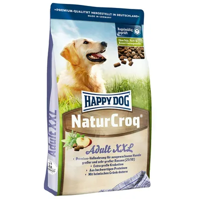 Happy Dog NaturCroq Adult XXL. Premium complete food for large and very large breeds. Extra large kibbles, high-quality proteins, local herbs. No soya, colourings or preservatives.