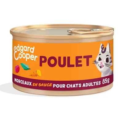 Boîte Edgard & Cooper Poulet, morceaux en sauce pour chats adultes, 85 g. Texte visible sur l’emballage.