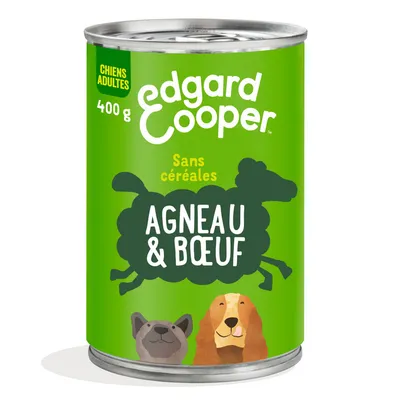 Edgard Cooper nourriture humide pour chiens adultes, 400g, sans céréales, avec agneau et bœuf.
