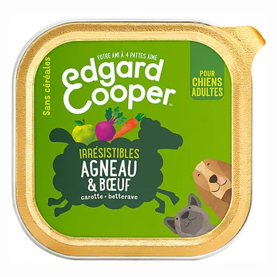 Edgard Cooper Sans céréales, irrésistibles agneau & bœuf, carotte betterave, pour chiens adultes. Texte visible sur l’emballage.