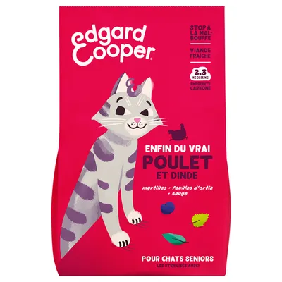 edgard cooper Enfin du vrai poulet et dinde, myrtilles, feuilles d’ortie, sauge. Pour chats seniors, les stérilisés aussi. Viande fraîche, 2,3 kgCO2e/kg, empreinte carbone.