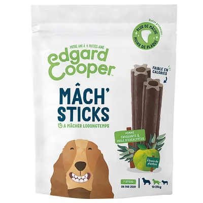 Edgard Cooper Mâch' Sticks, végétal, avec pomme et huile d'eucalyptus, 7 sticks, pour chiens de 10 à 25 kg, faible en calories.