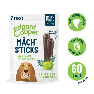 Edgard Cooper Mach' Sticks, 7 pièces, pour chiens moyens 10-25 kg. Pomme et huile d'eucalyptus, 60 kcal par stick, longue durée de mastication, respectueux des dents, faible en calories.