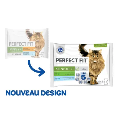 PERFECT FIT Senior 7+ en sauce, 4x85g, nouveau design. Saveurs : dinde et carottes, poissons de l’océan et petits pois. Chats stérilisés. Texte visible : total 5, NO ADDED ARTIFICIAL COLOURS & PRESERVATIVES.