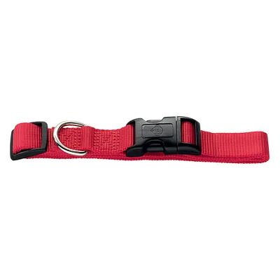 Rotes Halsband aus Nylon mit schwarzem Kunststoffverschluss und Metallring