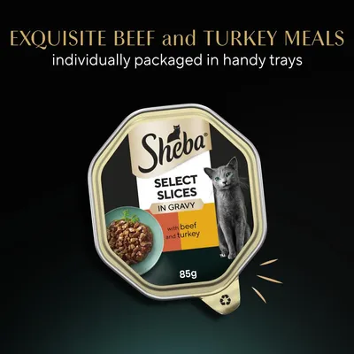 Exquisite beef and turkey meals, individually packaged in handy trays. Sheba Select Slices in Gravy with beef and turkey, 85g.