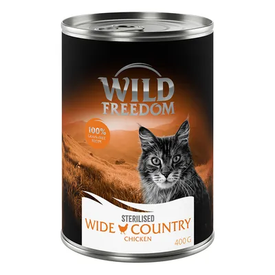 Wild Freedom Sterilised Wide Country Chicken, 100% беззерновой рецепт, банка 400 г с изображением кошки.