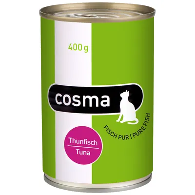 Lata de 400 g de cosma Fisch Pur Pure Fish, Thunfisch Tuna. Etiqueta verde y blanca con texto en alemán e inglés, imagen de silueta de gato.