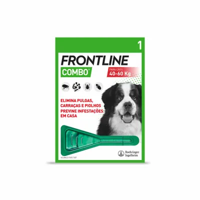 Frontline Combo para cães 40–60 kg. Elimina pulgas, carraças e piolhos. Previne infestações em casa. Embalagem mostra pipeta verde e logótipo Boehringer Ingelheim.
