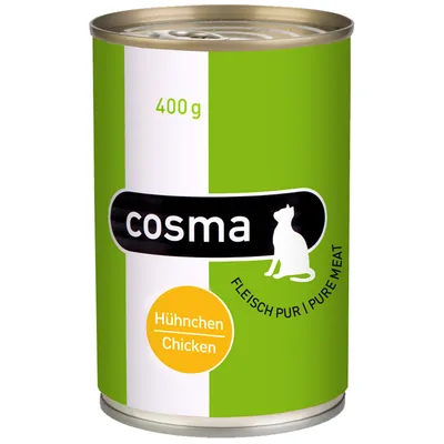 Lata de comida para gatos cosma, 400 g. Texto visible: Hühnchen/Chicken, FLEISCH PUR/PURE MEAT.