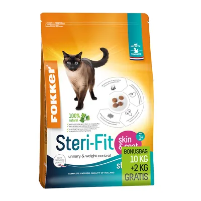 Fokker Steri-Fit Skin & Coat Katzenfutter, 100% natürlich, für Harnwege und Gewichtskontrolle. Bonusbag: 10 kg + 2 kg gratis. Für Katzen ab 1 Jahr.