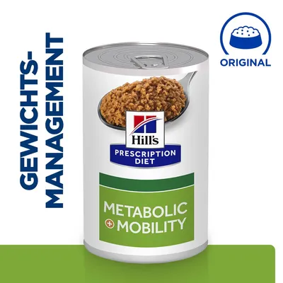 Hill's Prescription Diet Metabolic + Mobility Nassfutter für Gewichtsmanagement, Original Rezeptur. Abgebildet: Dose mit Futter und Logo.