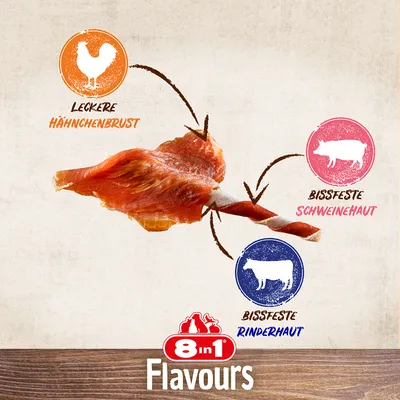8in1 Flavours snack met smakelijke kipfilet, stevige varkenshuid en runderhuid. Ingrediënten aangegeven met iconen: kip, varken en rund.