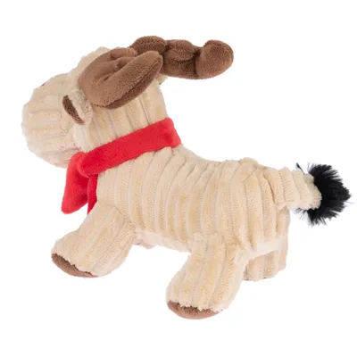 Jouet en peluche beige en forme de renne avec bois marron, foulard rouge et queue noire, surface côtelée en tissu doux.
