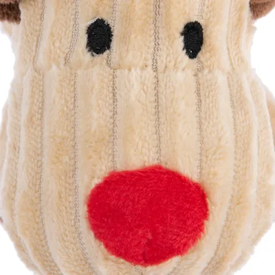 Gros plan sur un jouet en peluche beige pour animaux, avec museau rouge et yeux noirs brodés, matière tissu doux à reliefs visibles.