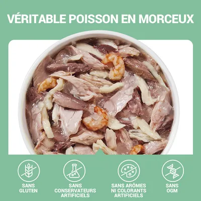VÉRITABLE POISSON EN MORCEAUX. Sans gluten, sans conservateurs artificiels, sans arômes ni colorants artificiels, sans OGM. Bol de morceaux de poisson visibles.