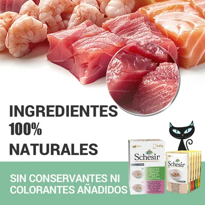 Schesir. Ingredientes 100% naturales. Sin conservantes ni colorantes añadidos. Imagen de trozos de pescado y marisco, cajas y sobres de comida para mascotas Schesir.
