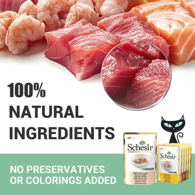 Schesir hrana za mačke, tekst: 100% natural ingredients, no preservatives or colorings added. Prikaz sirovih komada ribe i škampi, pakiranja Schesir hrane.
