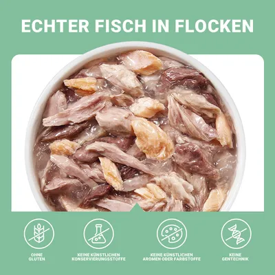 Echter Fisch in Flocken. Ohne Gluten, keine künstlichen Konservierungsstoffe, keine künstlichen Aromen oder Farbstoffe, keine Gentechnik.