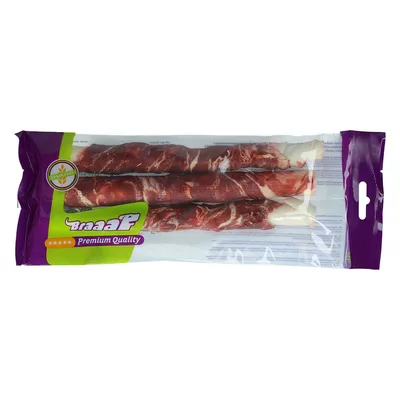 Braaf Premium Quality лакомство для собак, сушёные мясные рулеты, без зерна, упаковка с фиолетовым и зелёным дизайном.